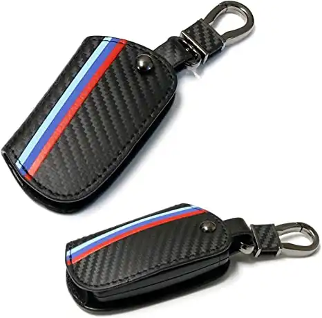 M-Colored Stripe Black Leather Key Holder with Keychain (BMW 1 2 3 4 5 6 7 Series X3 Remote Fob)